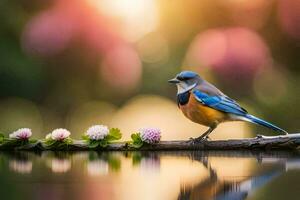 a blue bird sitting on a branch with flowers. AI-Generated photo