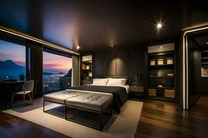 a bedroom with a view of the city at night. AI-Generated photo