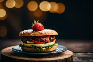 a hamburger with a strawberry on top. AI-Generated photo