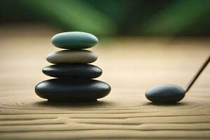 a stack of stones and a wooden stick. AI-Generated photo