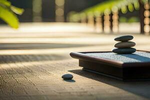 a zen garden with stones and a palm tree. AI-Generated photo