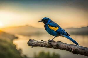 a blue and yellow bird sits on a branch overlooking a lake. AI-Generated photo