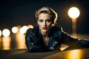 a woman in a leather jacket posing in front of lights. AI-Generated photo