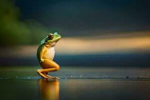 a frog is standing on its hind legs on a wet surface. AI-Generated photo