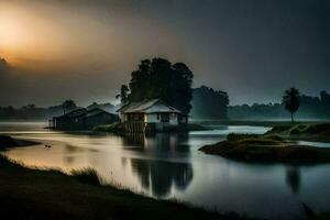 a house sits on the shore of a river at sunrise. AI-Generated photo