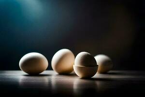 cinco huevos en un mesa con un oscuro antecedentes. generado por ai foto