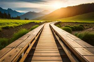 a wooden walkway leads to a mountain range. AI-Generated photo