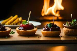 small appetizers on a wooden tray with toothpicks. AI-Generated photo