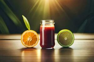 a glass of juice with an orange slice and lime. AI-Generated photo