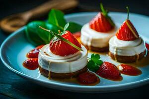 three desserts with strawberries on a white plate. AI-Generated photo