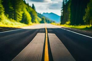 un la carretera con un amarillo línea en eso en el medio de el bosque. generado por ai foto