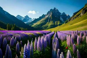 a field of purple flowers and mountains in the background. AI-Generated photo