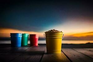 three buckets of sand on a wooden table. AI-Generated photo