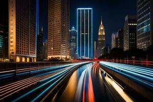 a city street at night with light trails. AI-Generated photo
