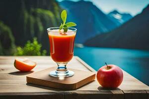 un vaso de jugo con un manzana en un de madera mesa. generado por ai foto