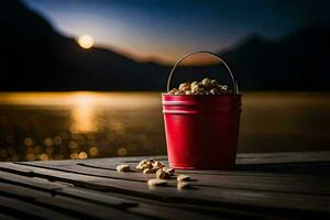 a bucket of peanuts on a wooden table in front of a lake. AI-Generated photo