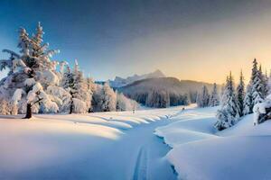 foto fondo de pantalla el cielo, nieve, árboles, montañas, sol, árboles, el bosque, el. generado por ai