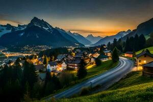 the village of alpin in the swiss alps at sunset. AI-Generated photo