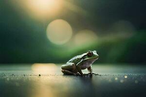 a frog sitting on the ground in front of a blurry background. AI-Generated photo