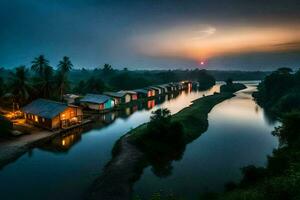 un río en el medio de un pueblo a puesta de sol. generado por ai foto