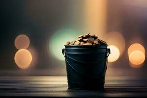 a bucket of coins on a table with blurred bokeh. AI-Generated photo