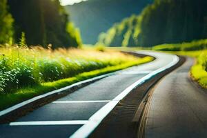 un largo la carretera con césped y arboles en el antecedentes. generado por ai foto