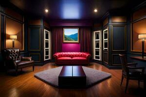 un habitación con un rojo sofá y un ventana. generado por ai foto