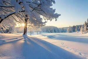 a snowy landscape with trees and the sun. AI-Generated photo