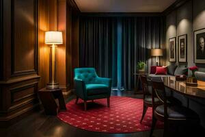a hotel room with a red rug and blue chairs. AI-Generated photo