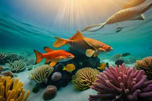 fish swimming in the ocean with coral and other sea life. AI-Generated photo