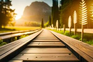 a wooden walkway in the middle of a field. AI-Generated photo