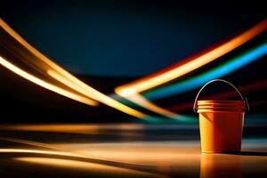 an orange bucket sitting on a table with a long streak of light. AI-Generated photo