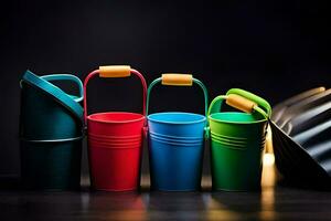 colorful plastic buckets with handles on a dark background. AI-Generated photo