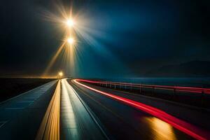 un largo exposición fotografía de un autopista a noche. generado por ai foto