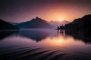 the sun rises over a mountain range in the distance. AI-Generated photo