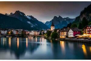 the town of switzerland at dusk. AI-Generated photo