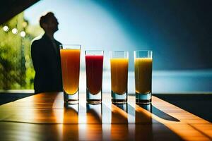 a man standing in front of a table with four glasses of juice. AI-Generated photo