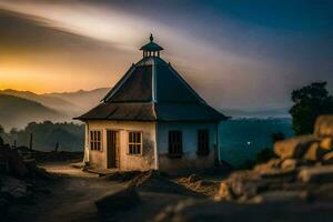 a small chapel in the mountains at sunset. AI-Generated photo