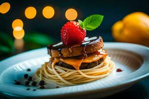 a plate with a sandwich and spaghetti on it. AI-Generated photo