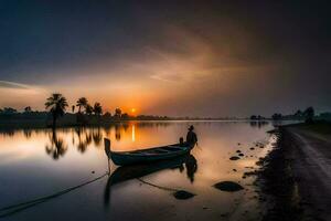 a boat on the river at sunset. AI-Generated photo