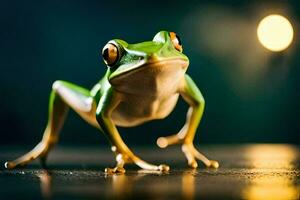 a frog is standing on a wooden surface. AI-Generated photo