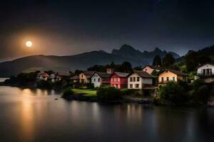 un pueblo es visto en el luz de la luna en el apuntalar de un lago. generado por ai foto