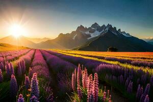 the sun rises over a lavender field in the mountains. AI-Generated photo