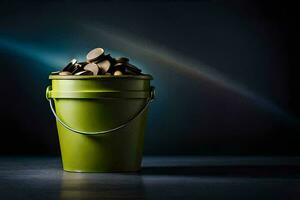 a green bucket filled with coins on a dark background. AI-Generated photo