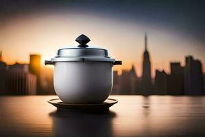 a coffee pot sits on a table in front of a city skyline. AI-Generated photo
