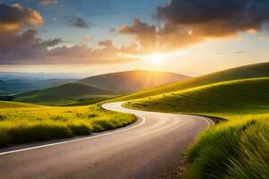 a winding road in the middle of a green field. AI-Generated photo