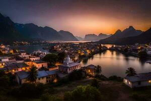 foto fondo de pantalla el cielo, montañas, agua, aldea, atardecer, el ciudad, el aldea,. generado por ai