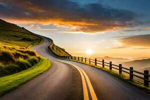 un devanado la carretera con un puesta de sol en el antecedentes. generado por ai foto