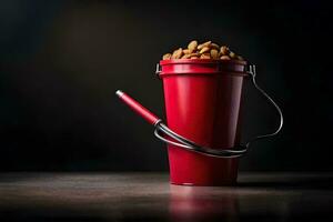 a red bucket filled with nuts on a dark background. AI-Generated photo