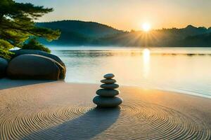 a stack of stones on the beach at sunset. AI-Generated photo